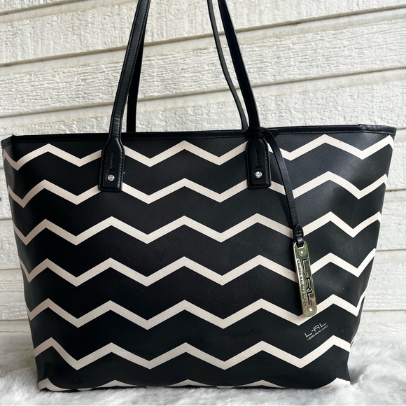 RALPH LAUREN Black White XL Chevron Stripe Tote Laptop Work Shoulder Bag - Picture 1 of 9